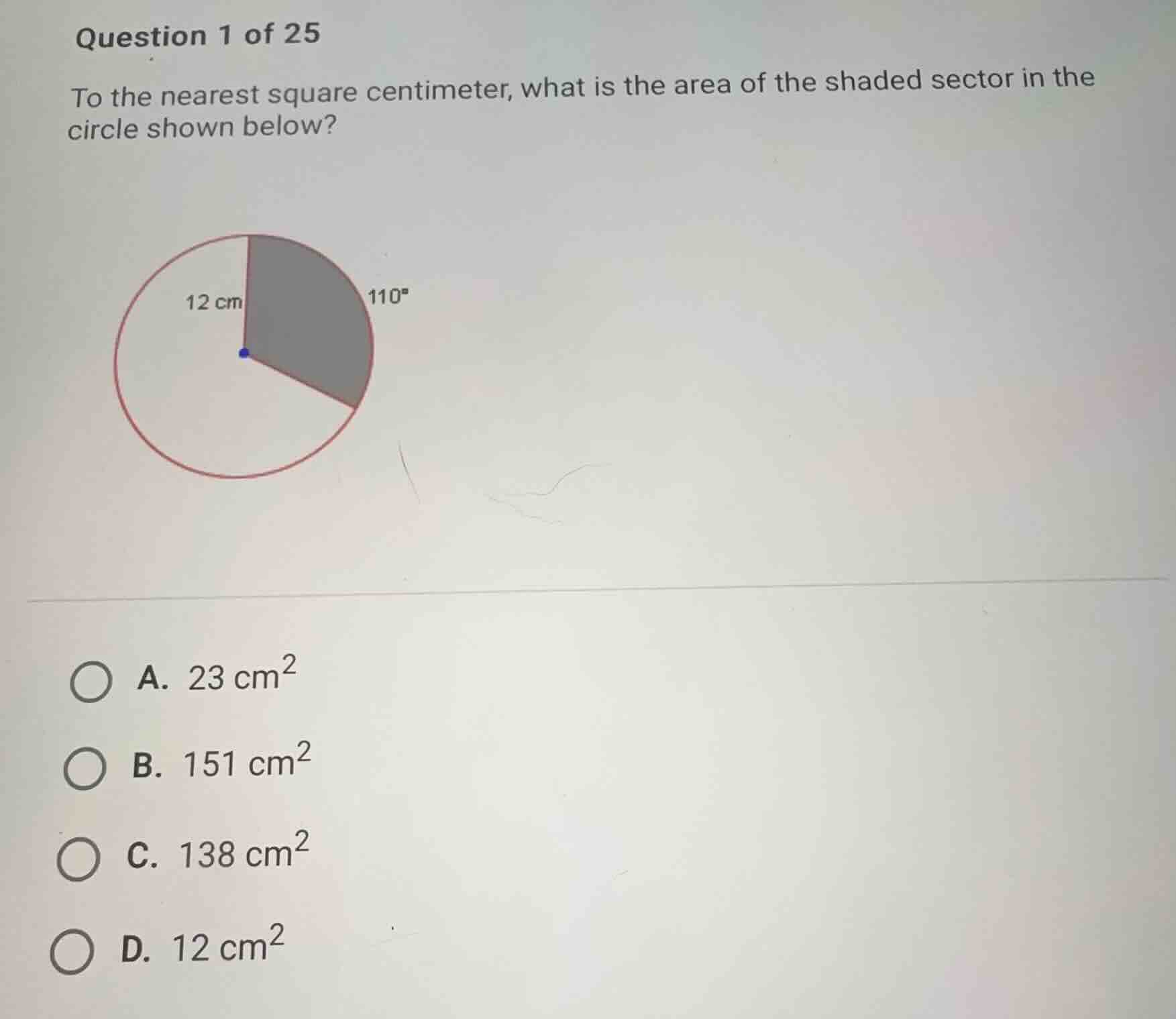 question 1 of 25 to the nearest square centimeter, what is the area of …