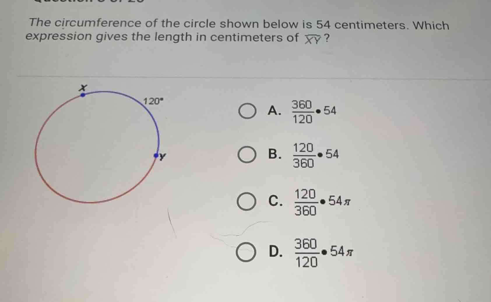 the circumference of the circle shown below is 54 centimeters. which ex…