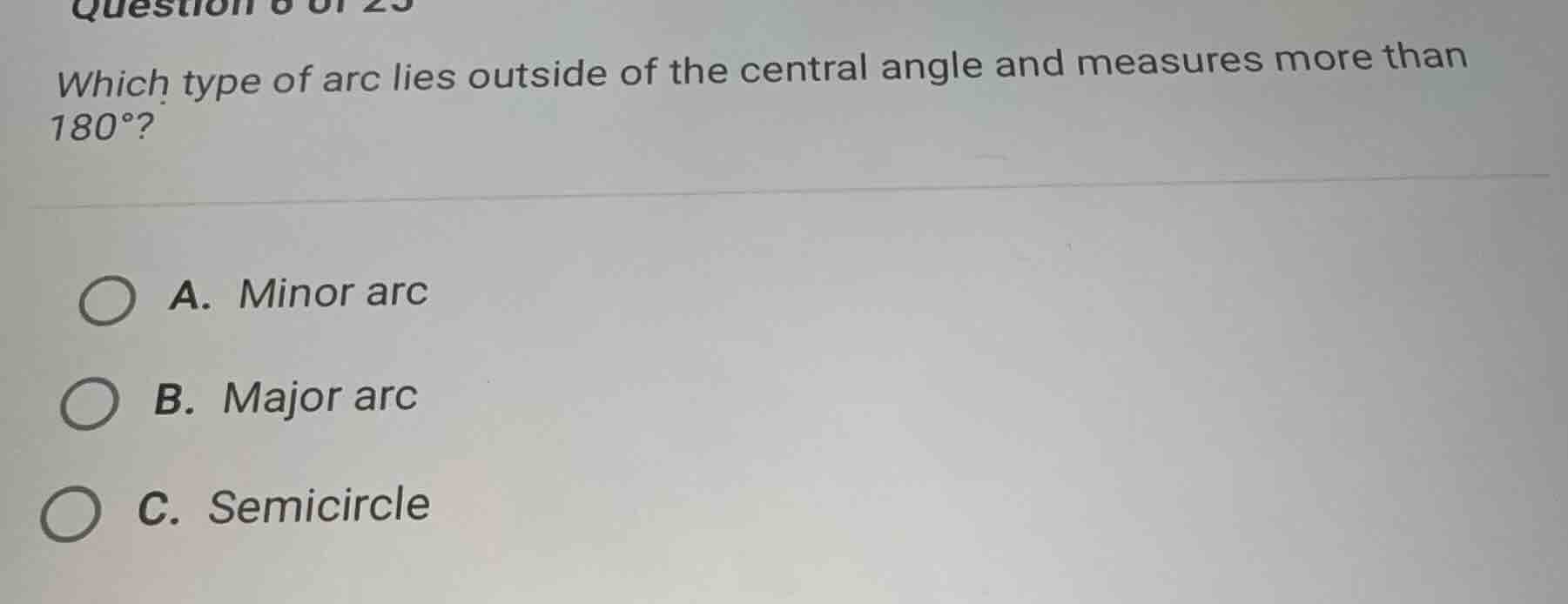 which type of arc lies outside of the central angle and measures more t…