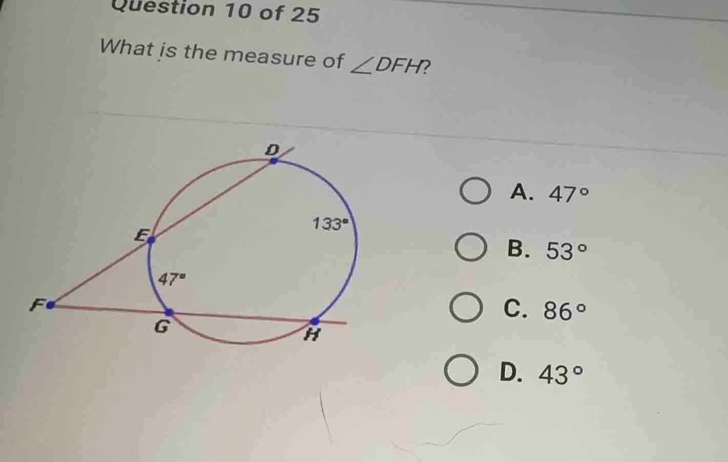 question 10 of 25 what is the measure of \\(\\angle dfh\\)? a. \\(47^\\…
