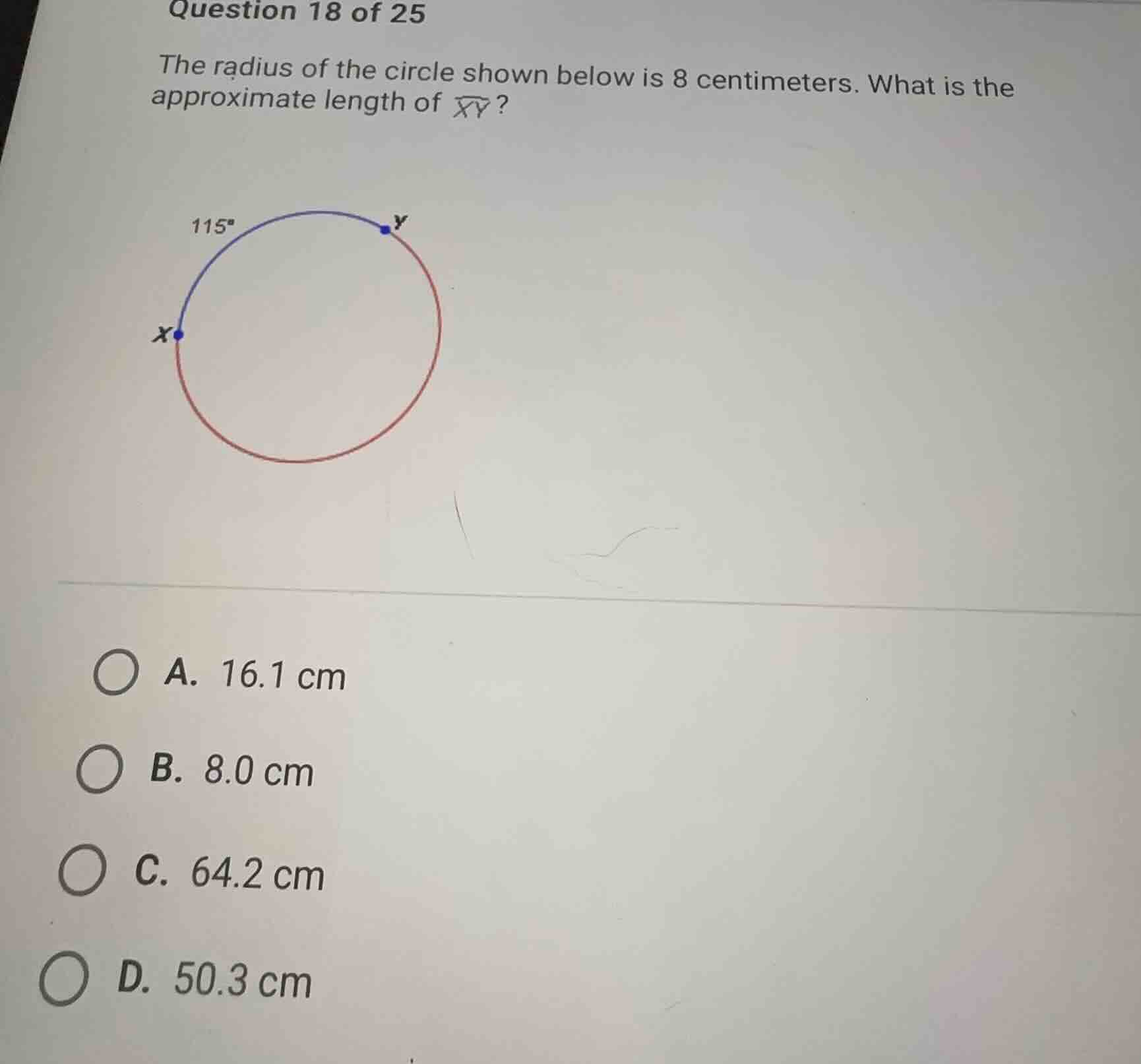question 18 of 25 the radius of the circle shown below is 8 centimeters…