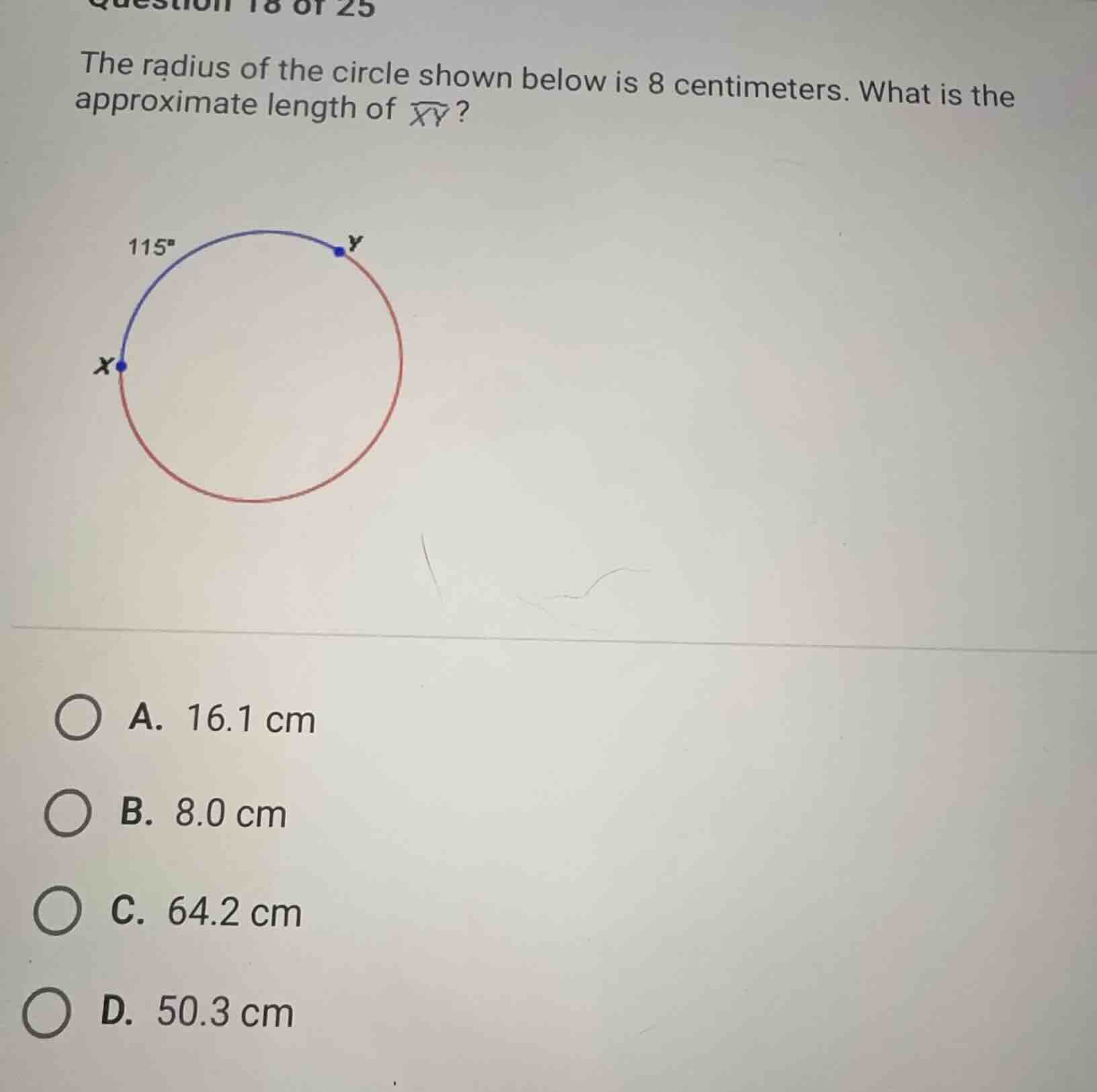 the radius of the circle shown below is 8 centimeters. what is the appr…