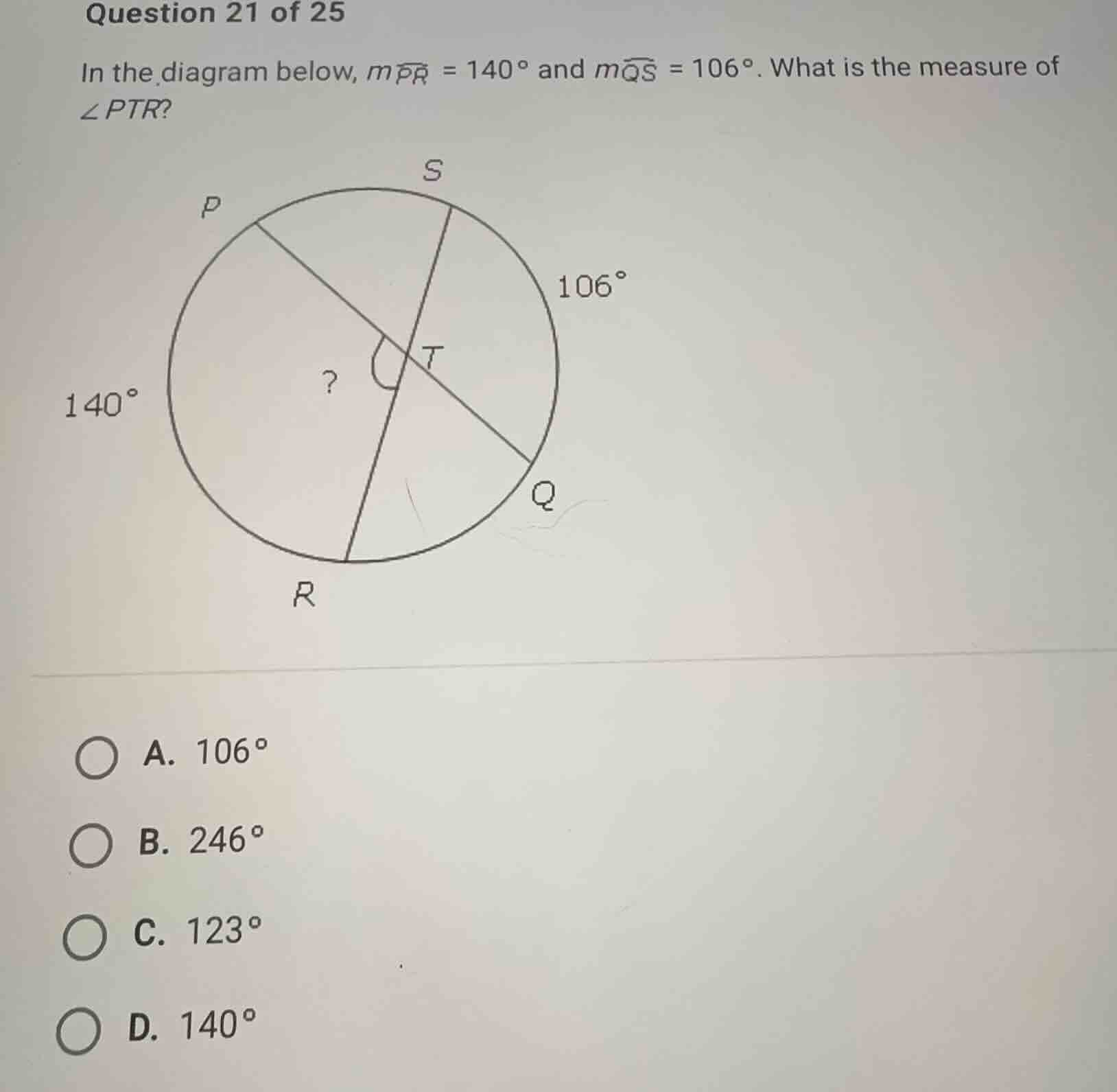 question 21 of 25 in the diagram below, \\(m\\widehat{pr} = 140^{\\circ…
