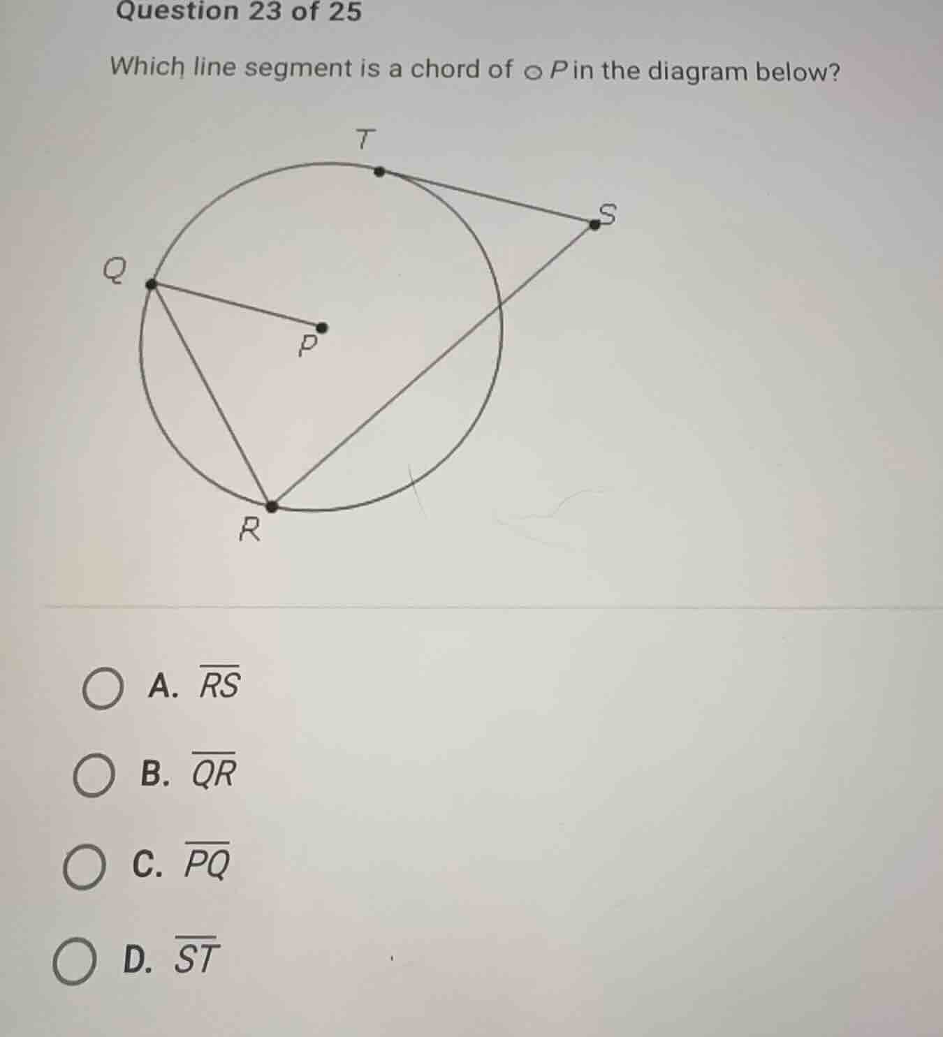 question 23 of 25 which line segment is a chord of \\(\\odot p\\) in th…