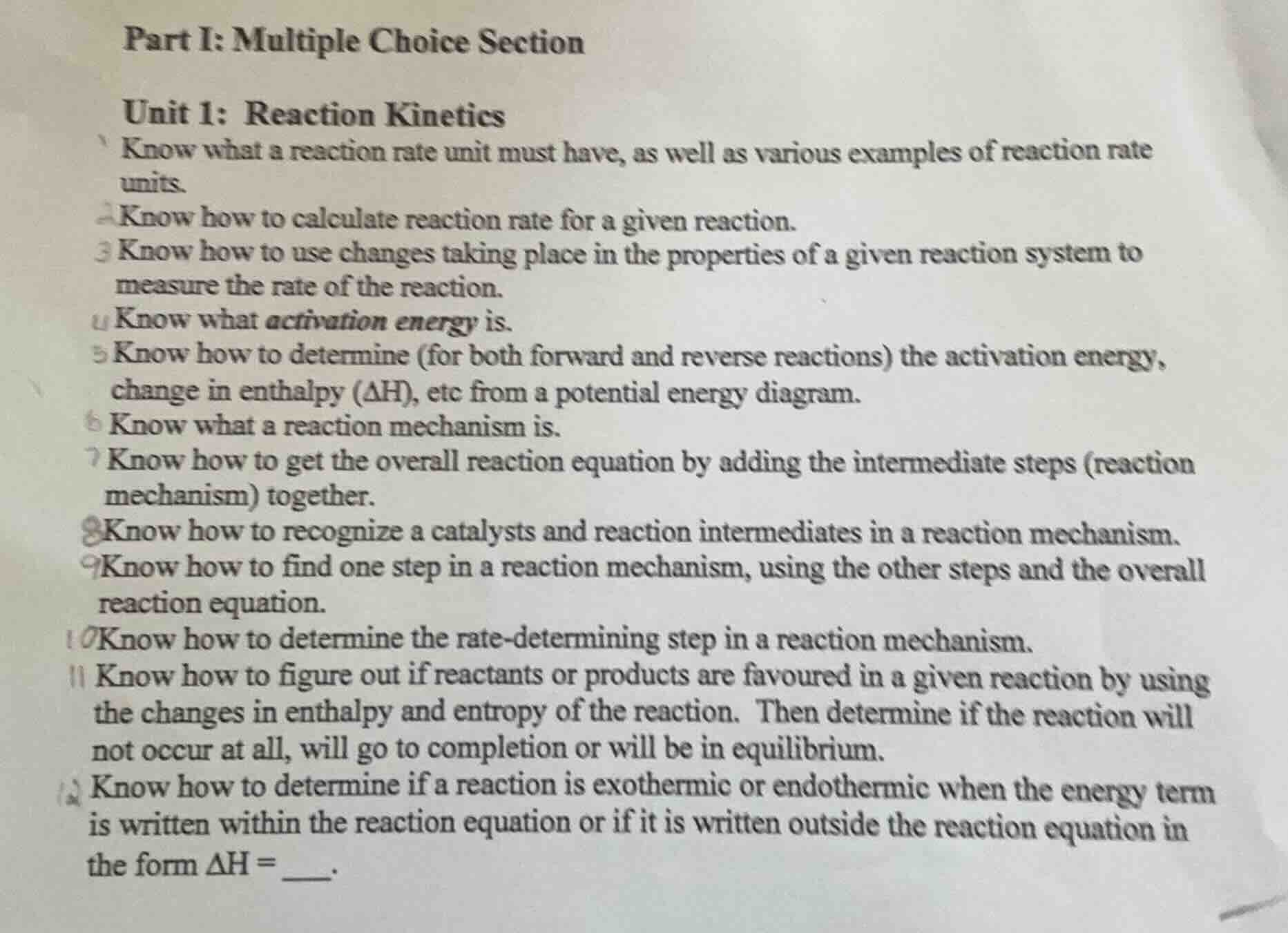 part i: multiple choice section unit 1: reaction kinetics 1. know what …