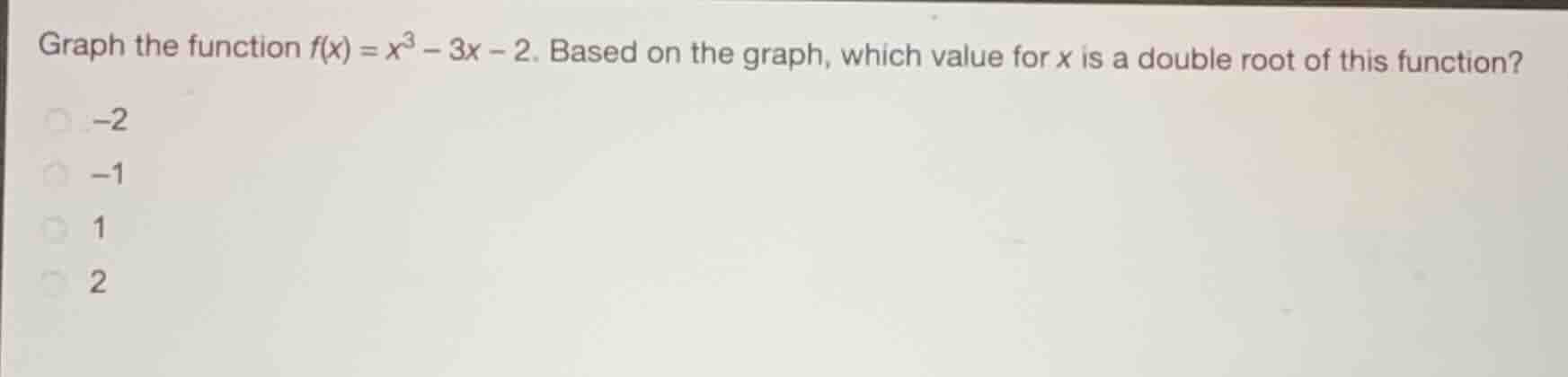 graph the function (f(x) = x^3 - 3x - 2). based on the graph, which val…