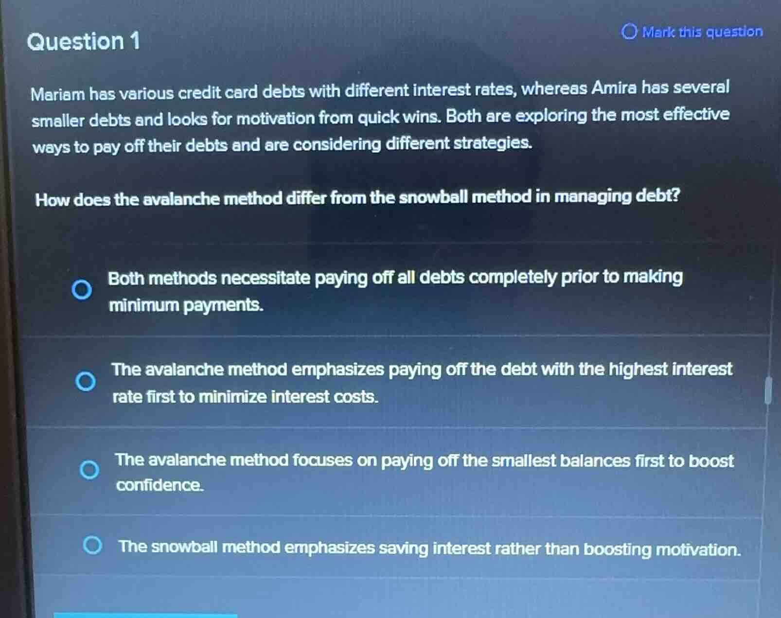 question 1 mariam has various credit card debts with different interest…