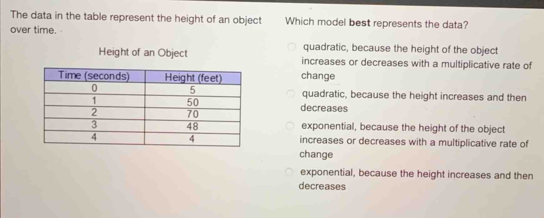 the data in the table represent the height of an object over time. heig…