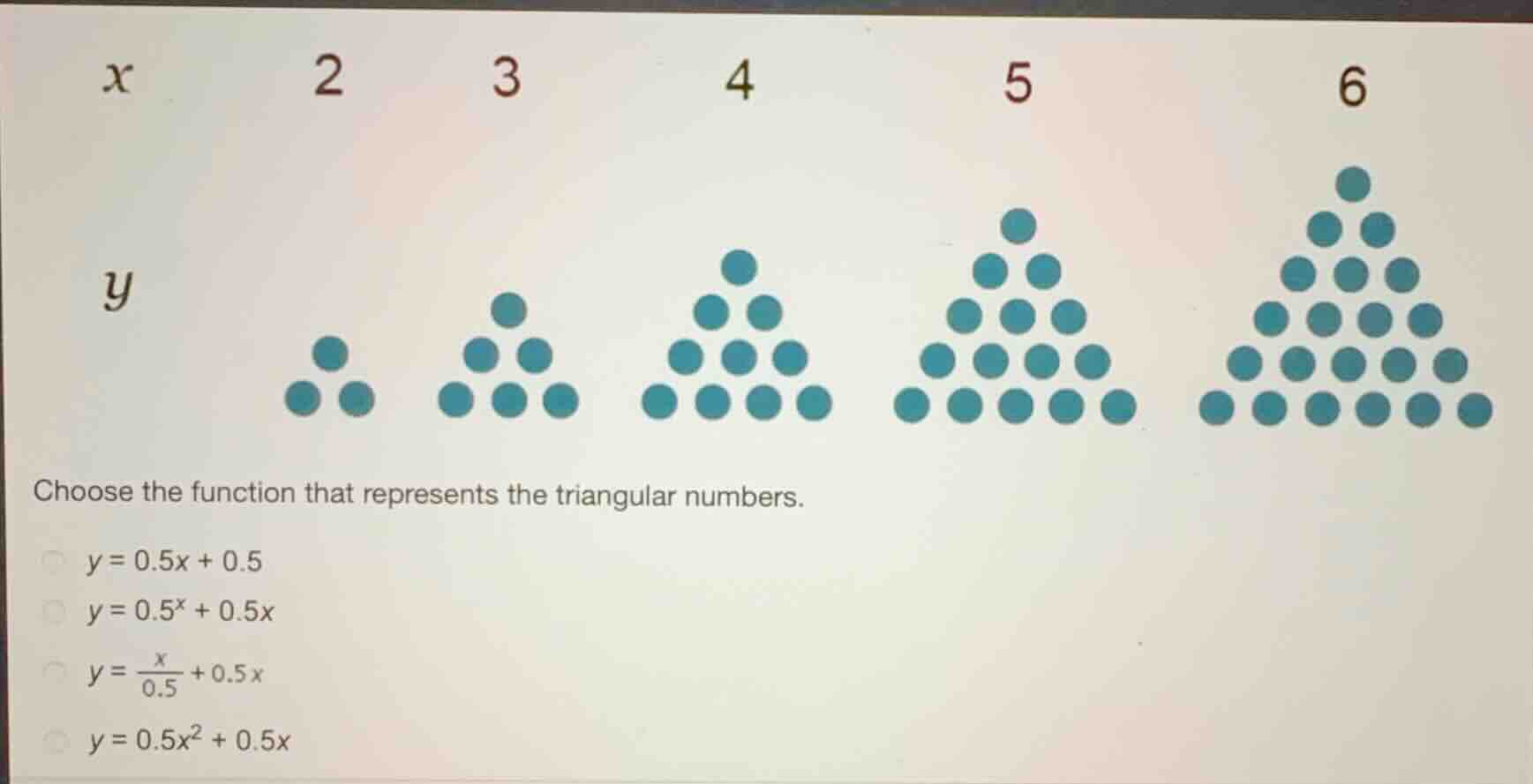 choose the function that represents the triangular numbers. \\(y = 0.5x…