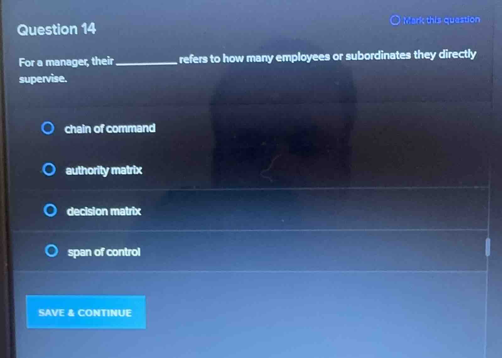 question 14 for a manager, their _________ refers to how many employees…