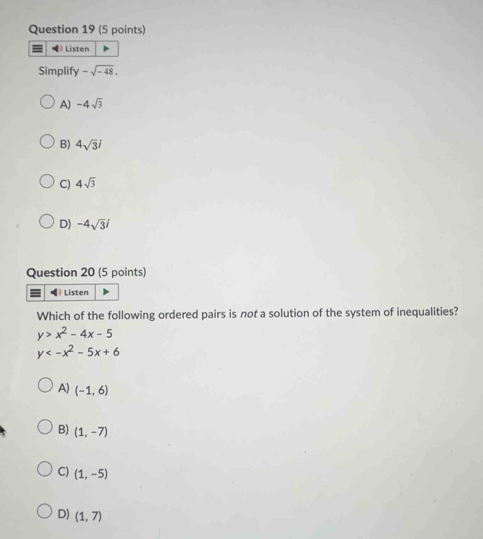 question 19 (5 points) simplify \\(-\\sqrt{-48}\\). a) \\(-4\\sqrt{3}\\…