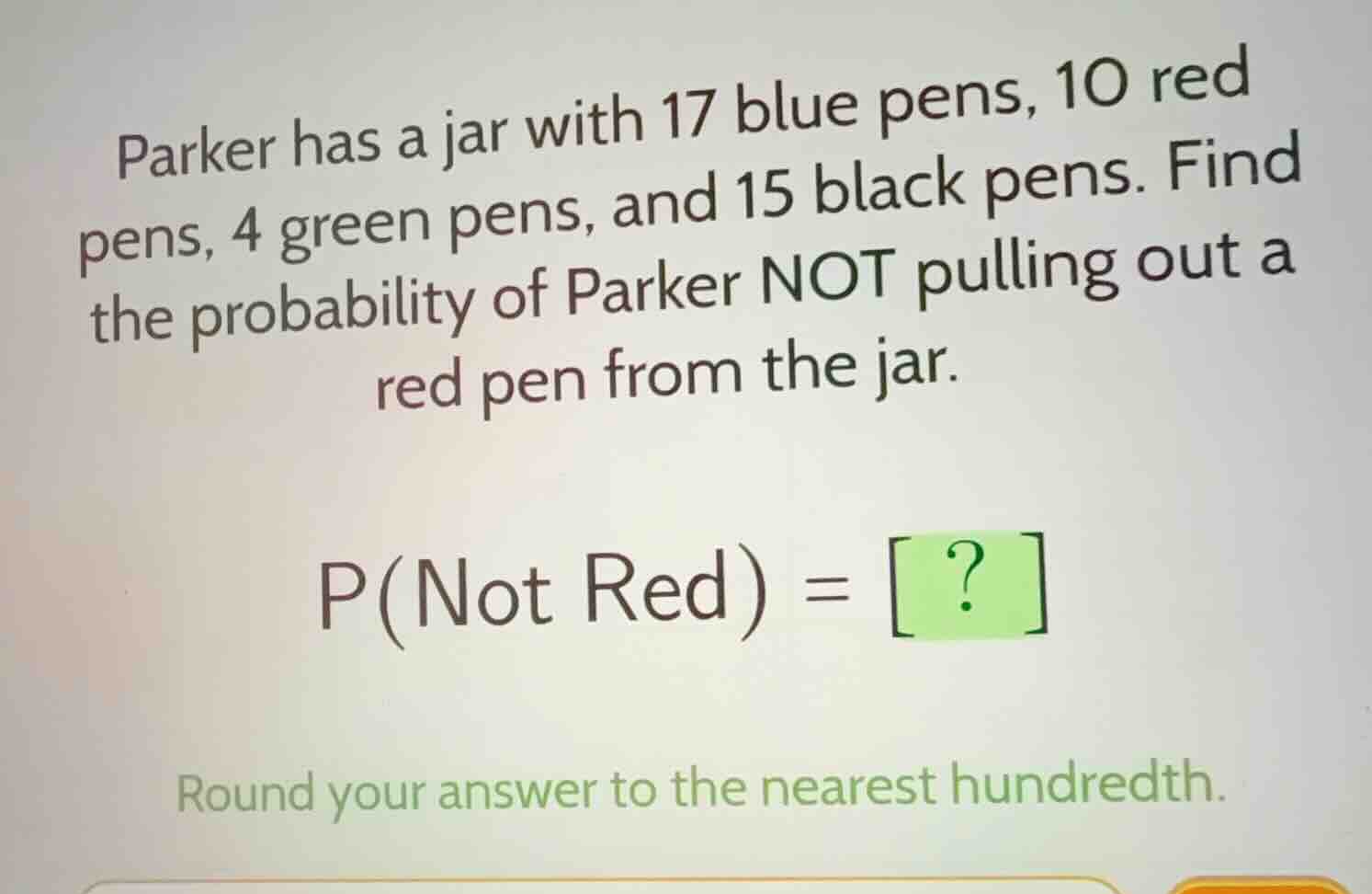 parker has a jar with 17 blue pens, 10 red pens, 4 green pens, and 15 b…