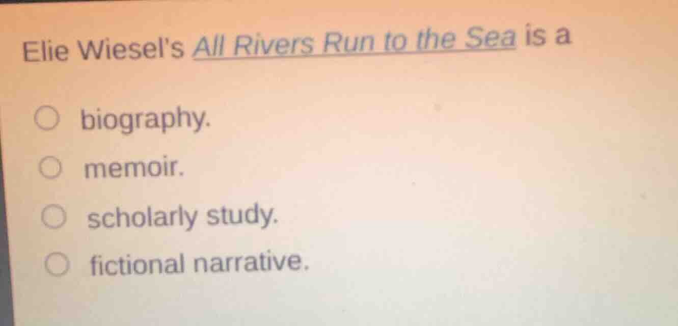 elie wiesels all rivers run to the sea is a biography. memoir. scholarl…