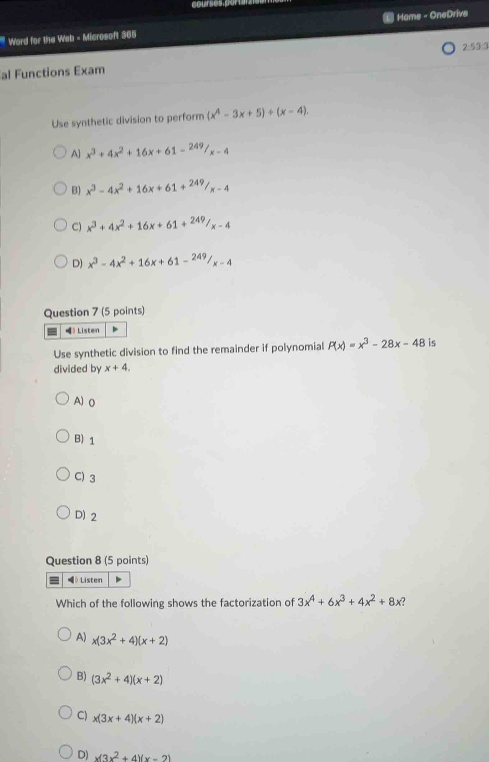 use synthetic division to perform \\((x^4 - 3x + 5) \\div (x - 4)\\). a…