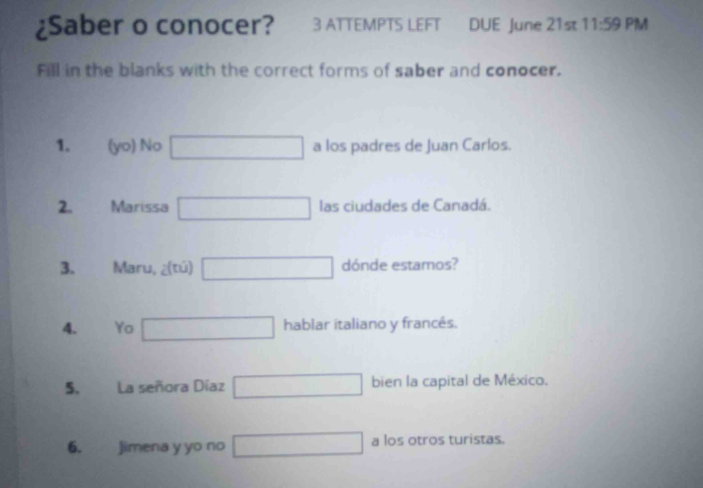 ¿saber o conocer? fill in the blanks with the correct forms of saber an…