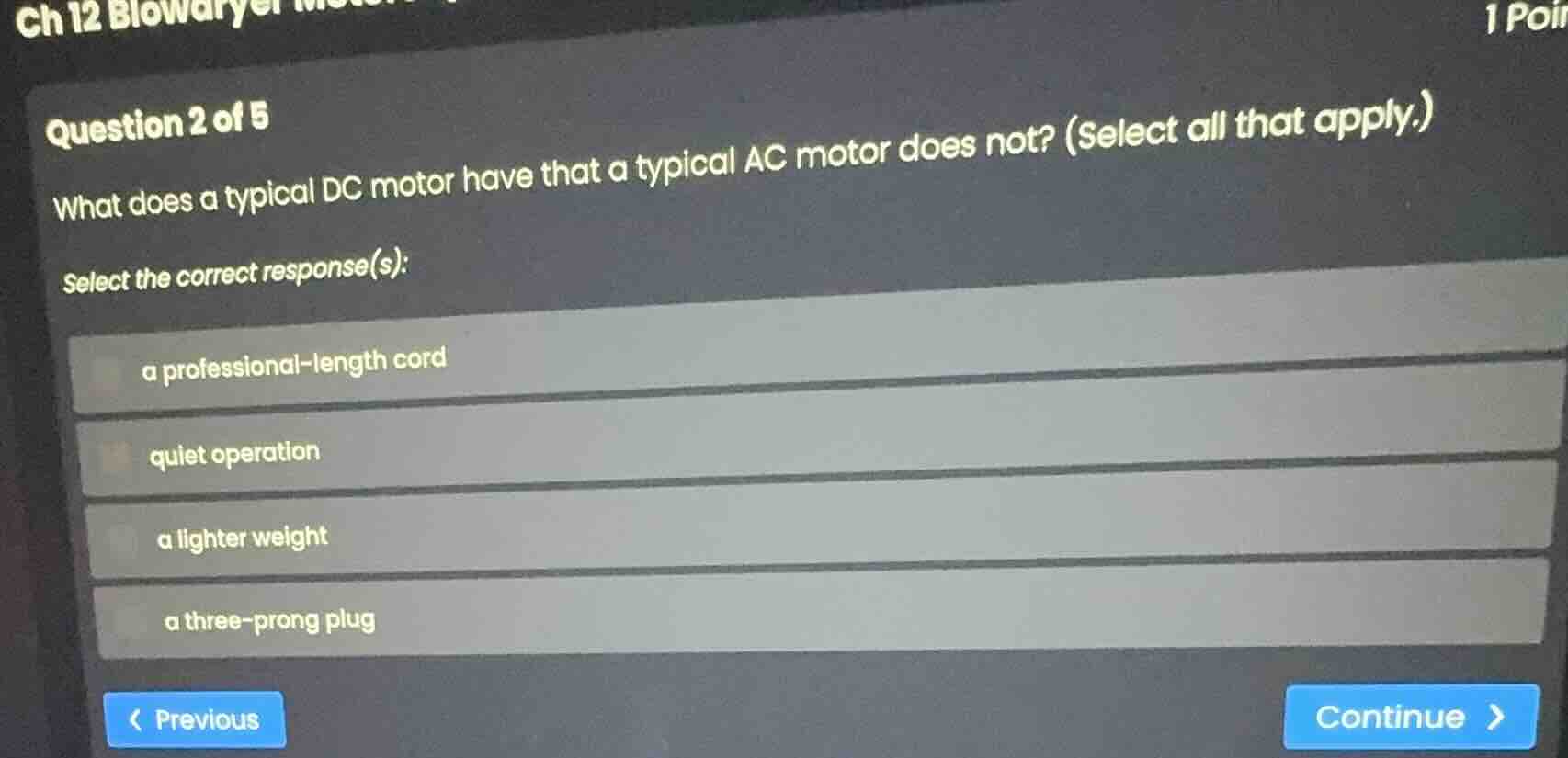 question 2 of 5 what does a typical dc motor have that a typical ac mot…