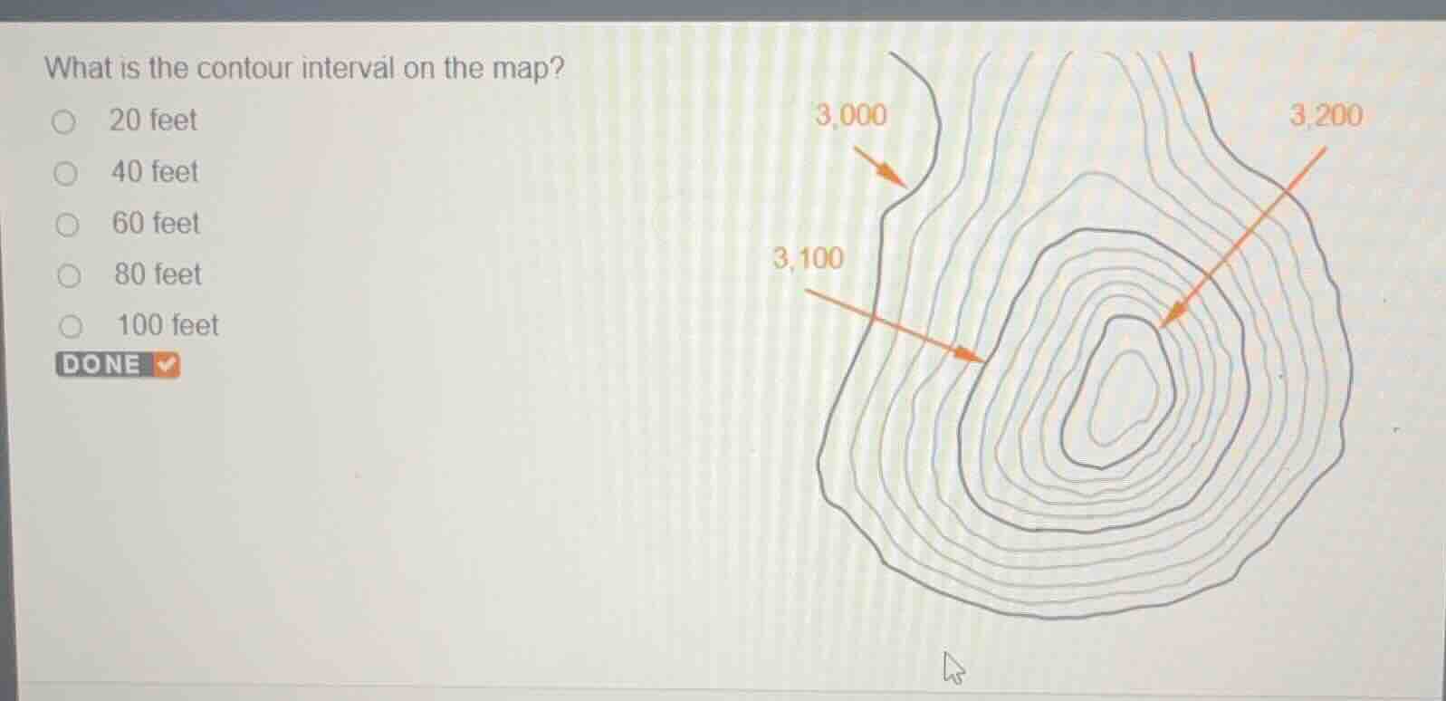 what is the contour interval on the map? 20 feet 40 feet 60 feet 80 fee…