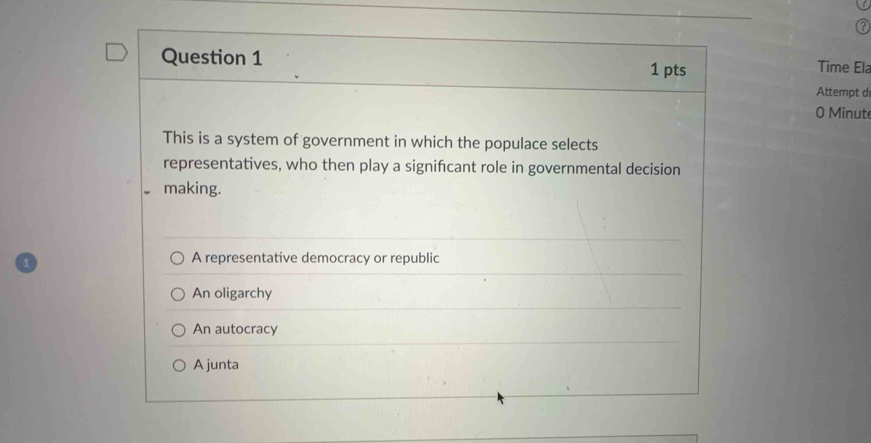 this is a system of government in which the populace selects representa…