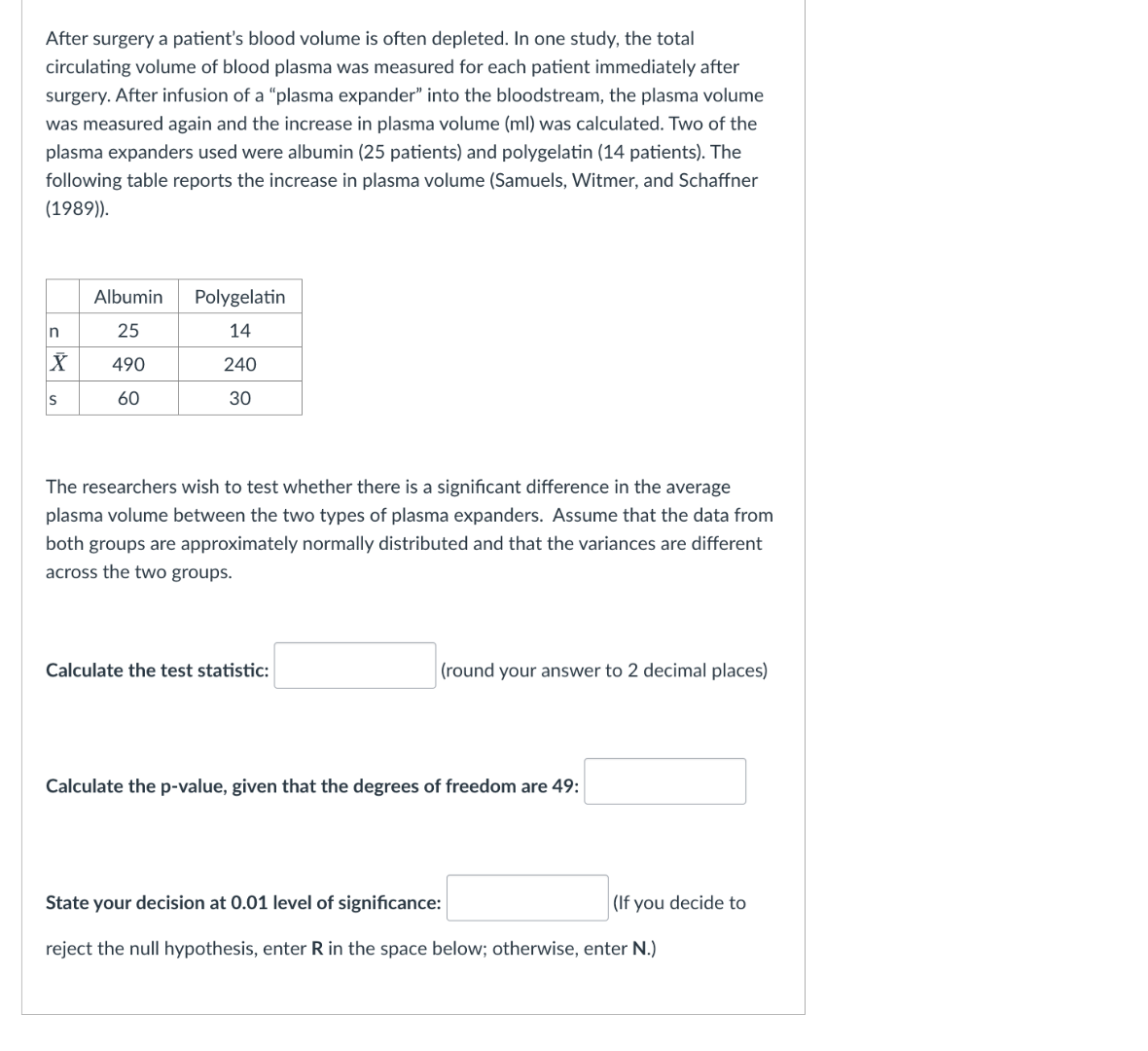 after surgery a patients blood volume is often depleted. in one study, …