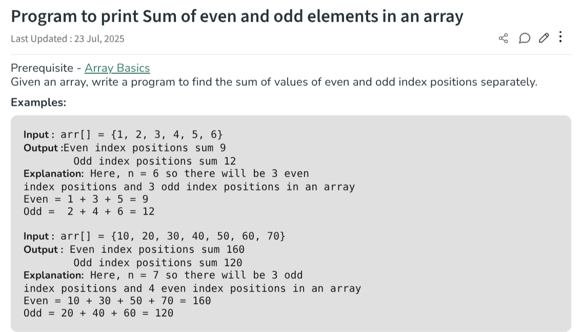 program to print sum of even and odd elements in an array prerequisite …