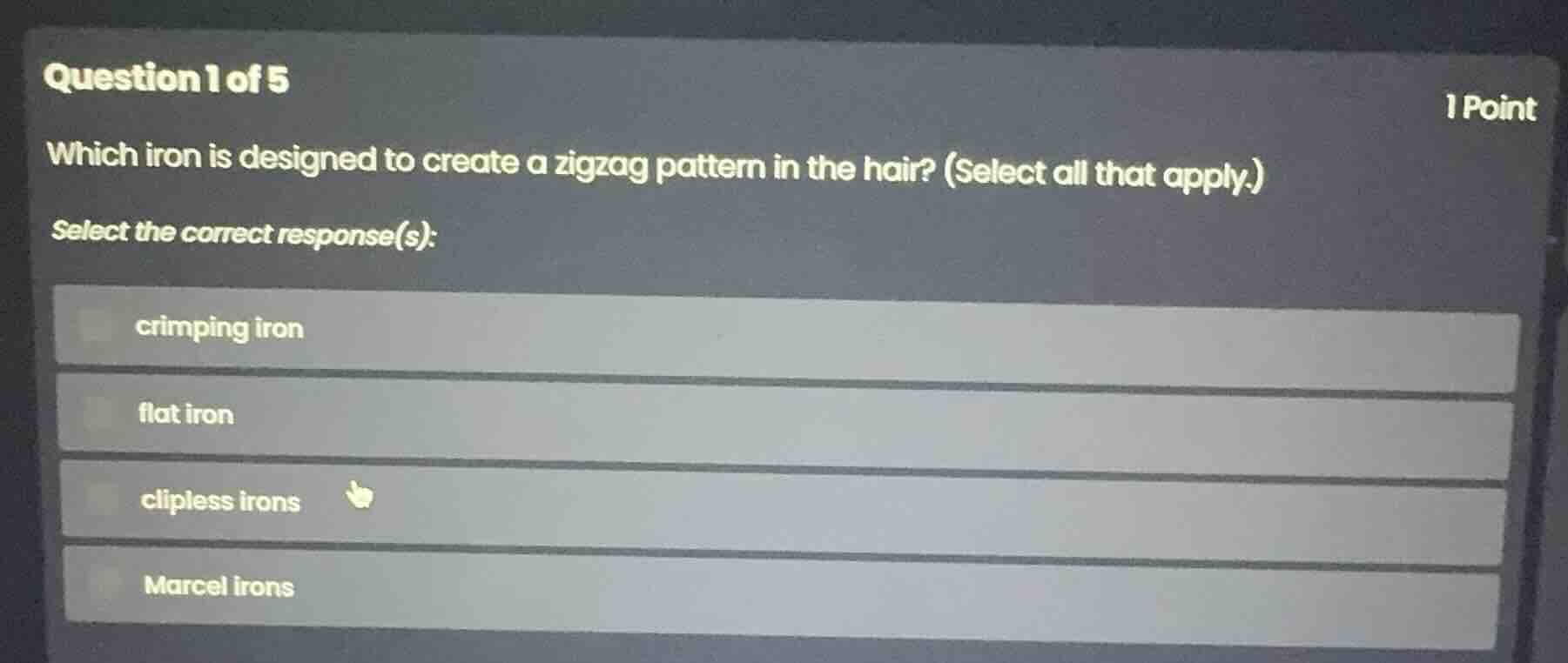 question 1 of 5 1 point which iron is designed to create a zigzag patte…