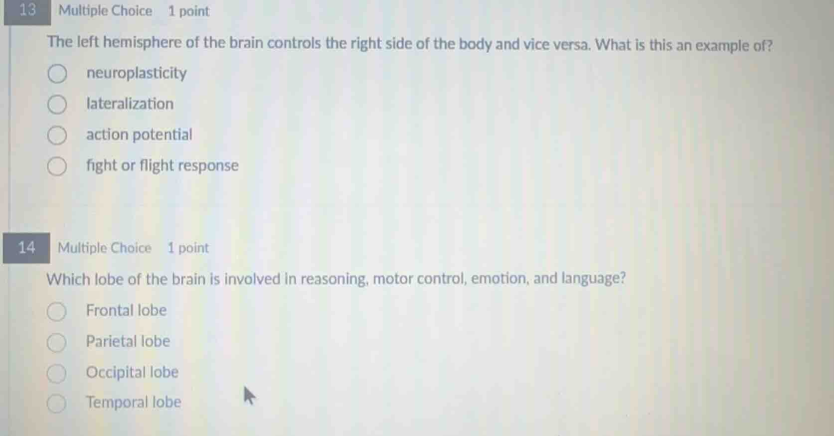 13 multiple choice 1 point the left hemisphere of the brain controls th…