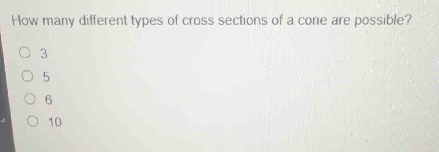 how many different types of cross sections of a cone are possible? 3 5 …