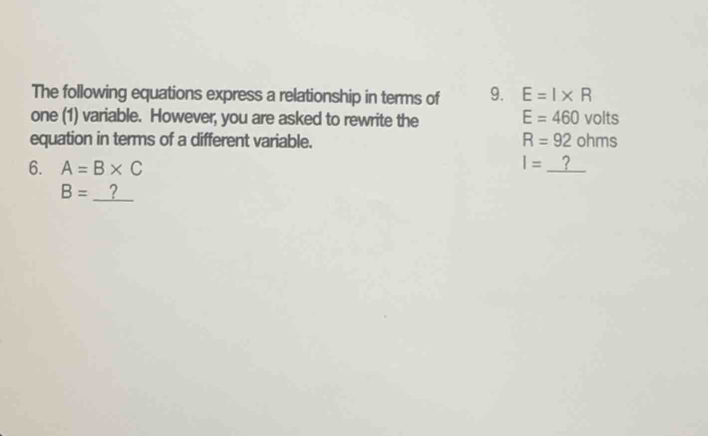 the following equations express a relationship in terms of one (1) vari…