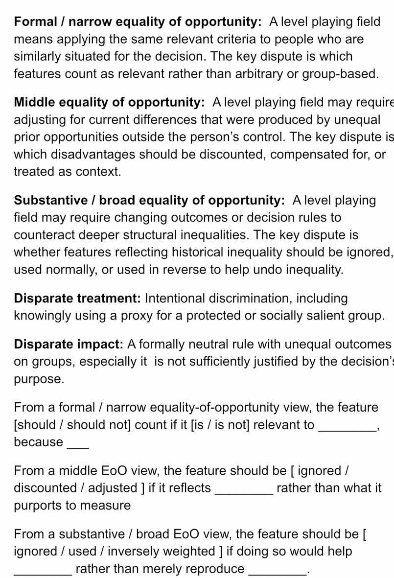 formal / narrow equality of opportunity: a level playing field means ap…