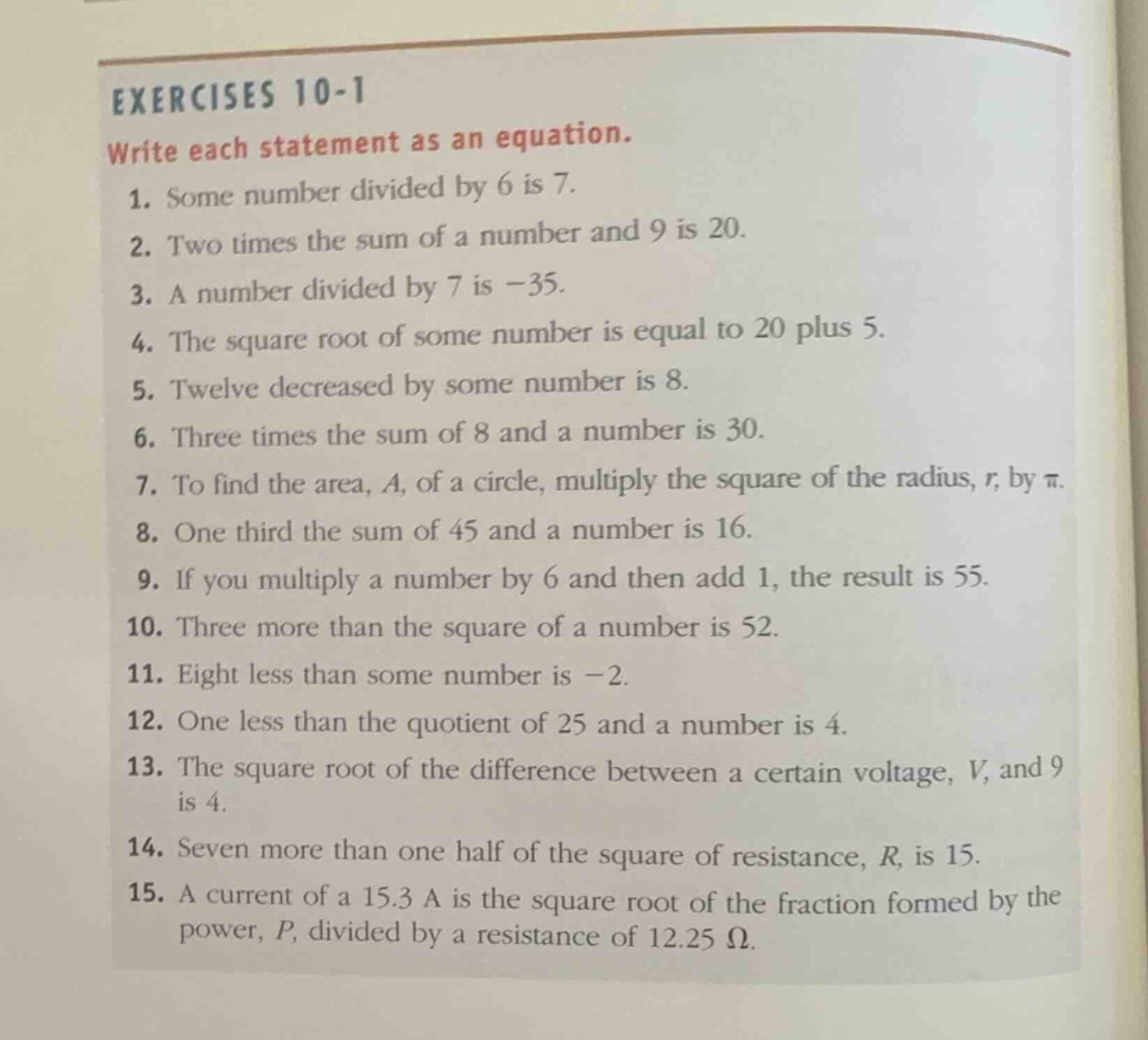 exercises 10-1 write each statement as an equation. 1. some number divi…