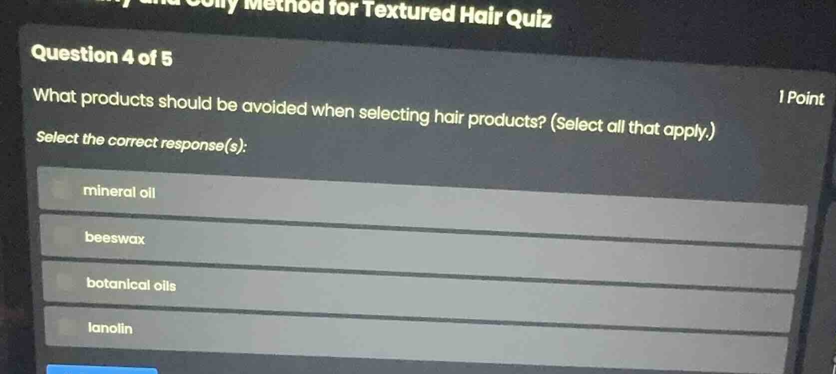 question 4 of 5 what products should be avoided when selecting hair pro…
