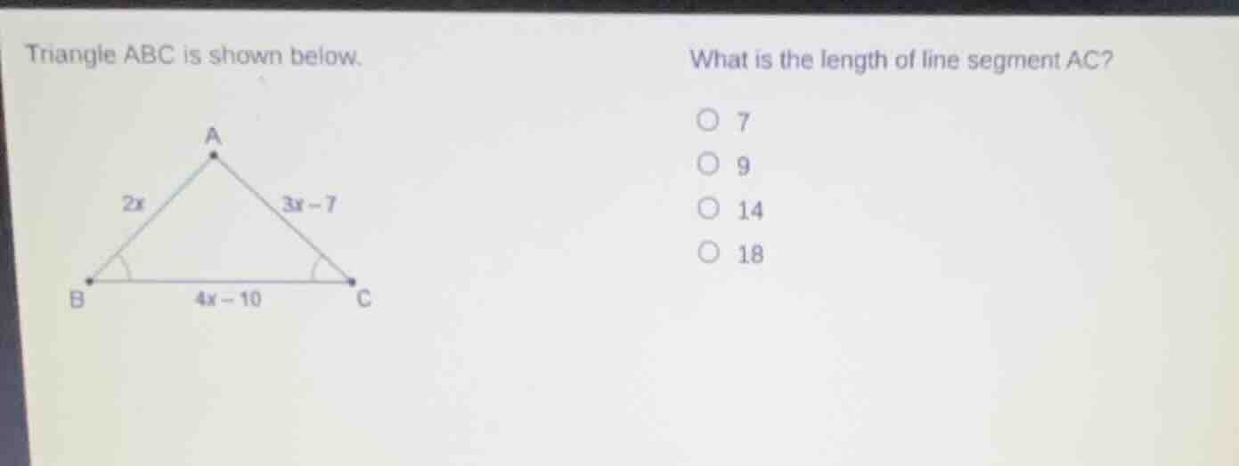 triangle abc is shown below. what is the length of line segment ac? 7 9…