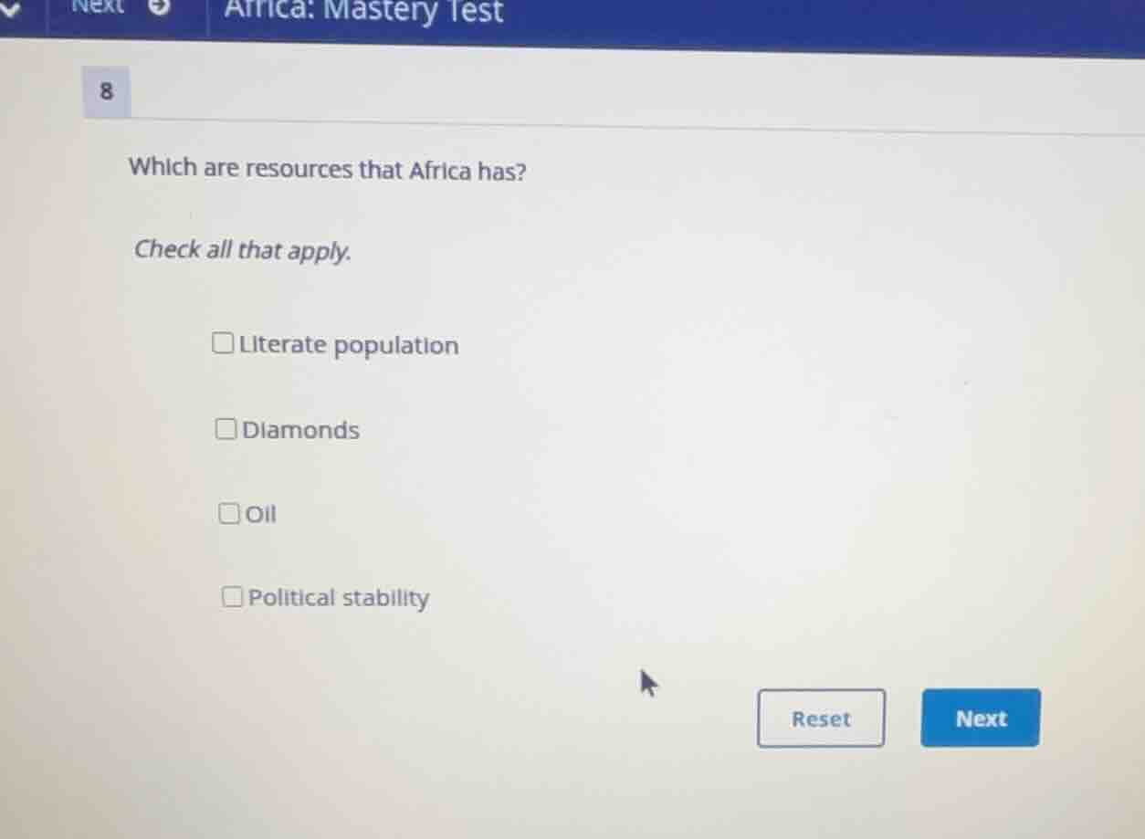 which are resources that africa has? check all that apply. literate pop…