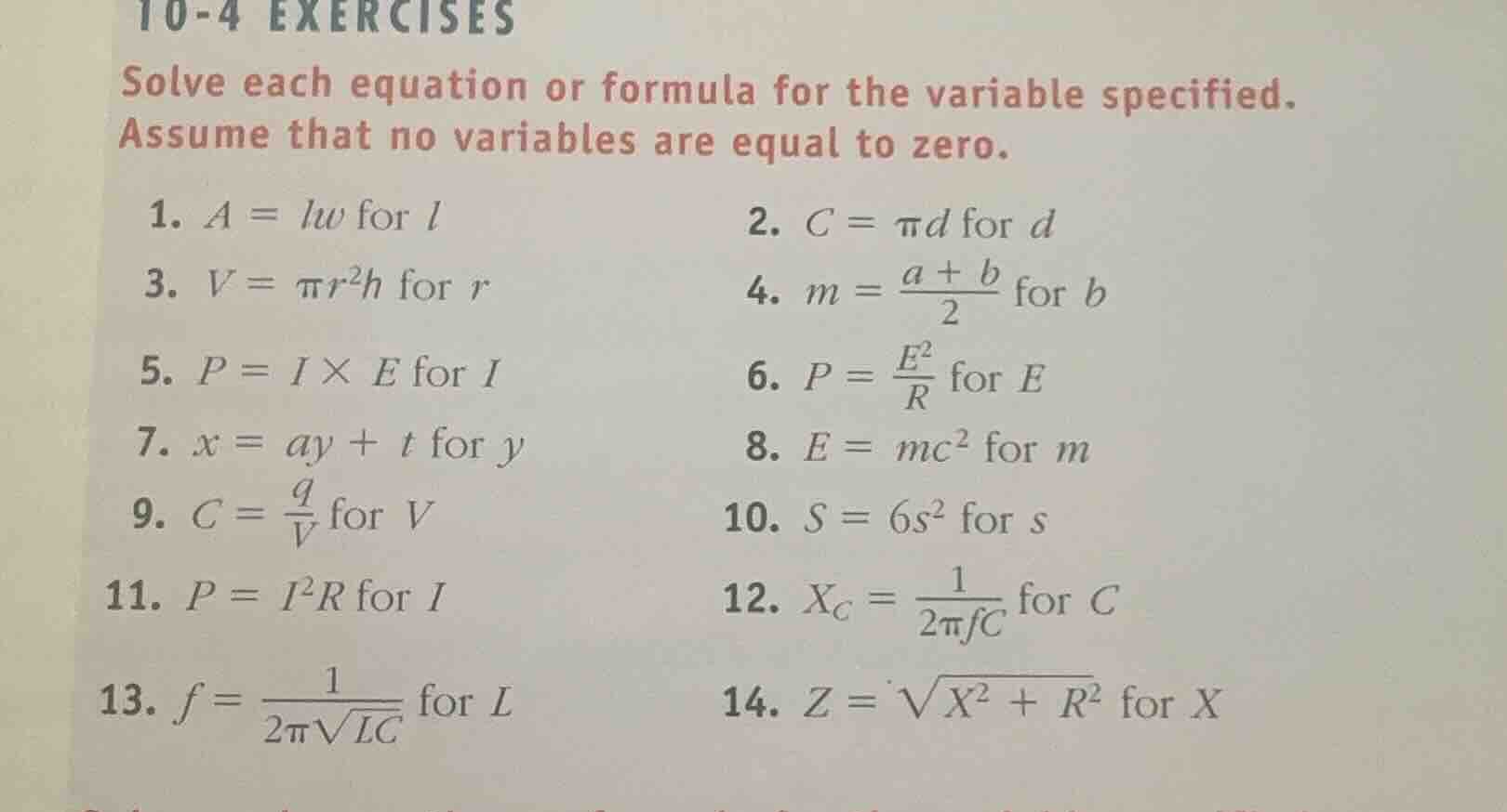 10-4 exercises solve each equation or formula for the variable specifie…
