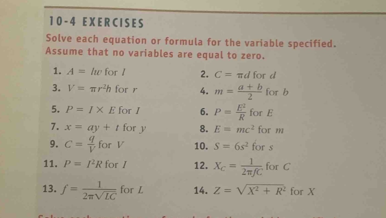 10-4 exercises solve each equation or formula for the variable specifie…