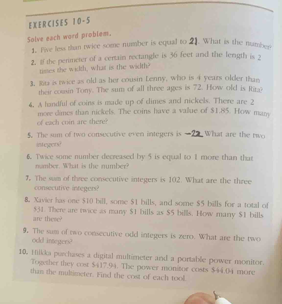exercises 10-5 solve each word problem. 1. five less than twice some nu…