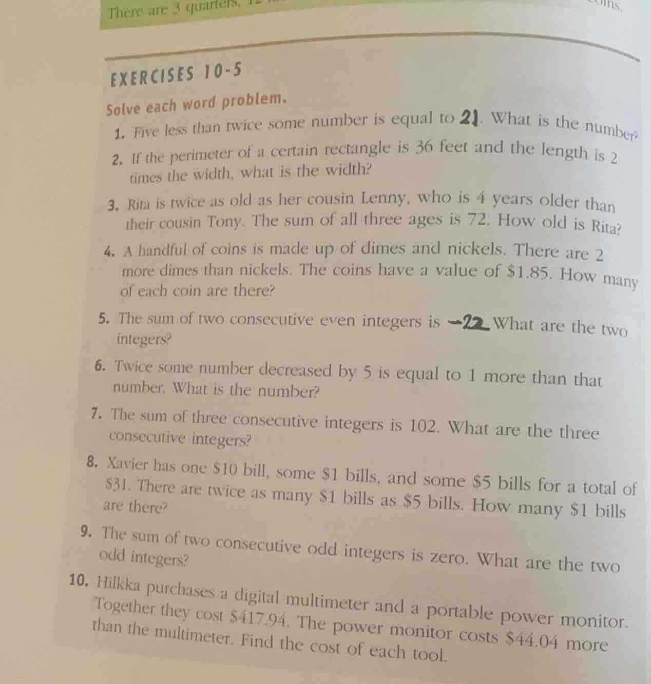 exercises 10-5 solve each word problem. 1. five less than twice some nu…