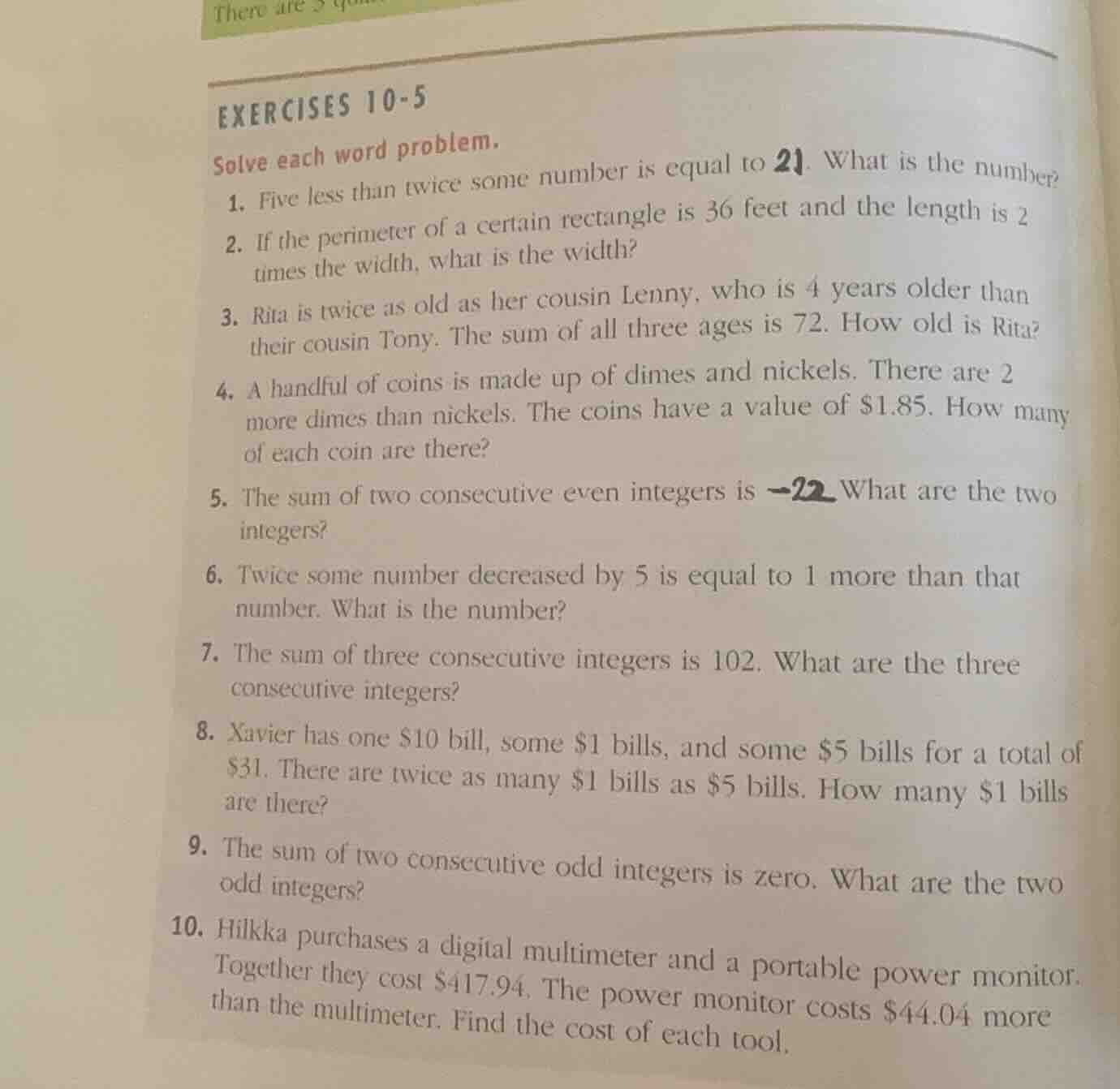 exercises 10-5 solve each word problem. 1. five less than twice some nu…