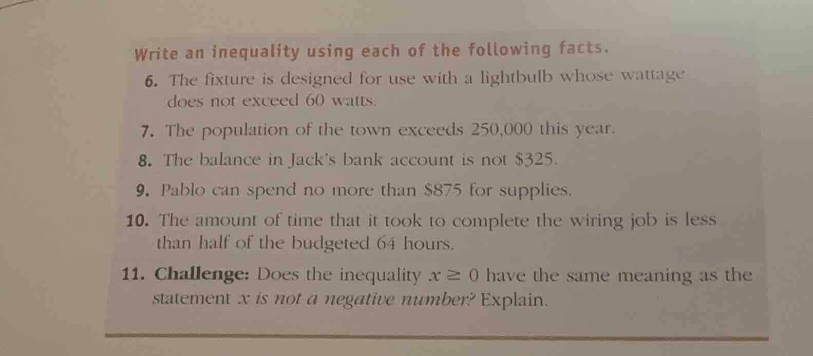 write an inequality using each of the following facts. 6. the fixture i…