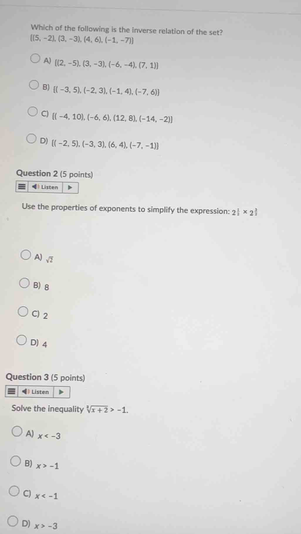 which of the following is the inverse relation of the set? \\(\\{(5, -2…