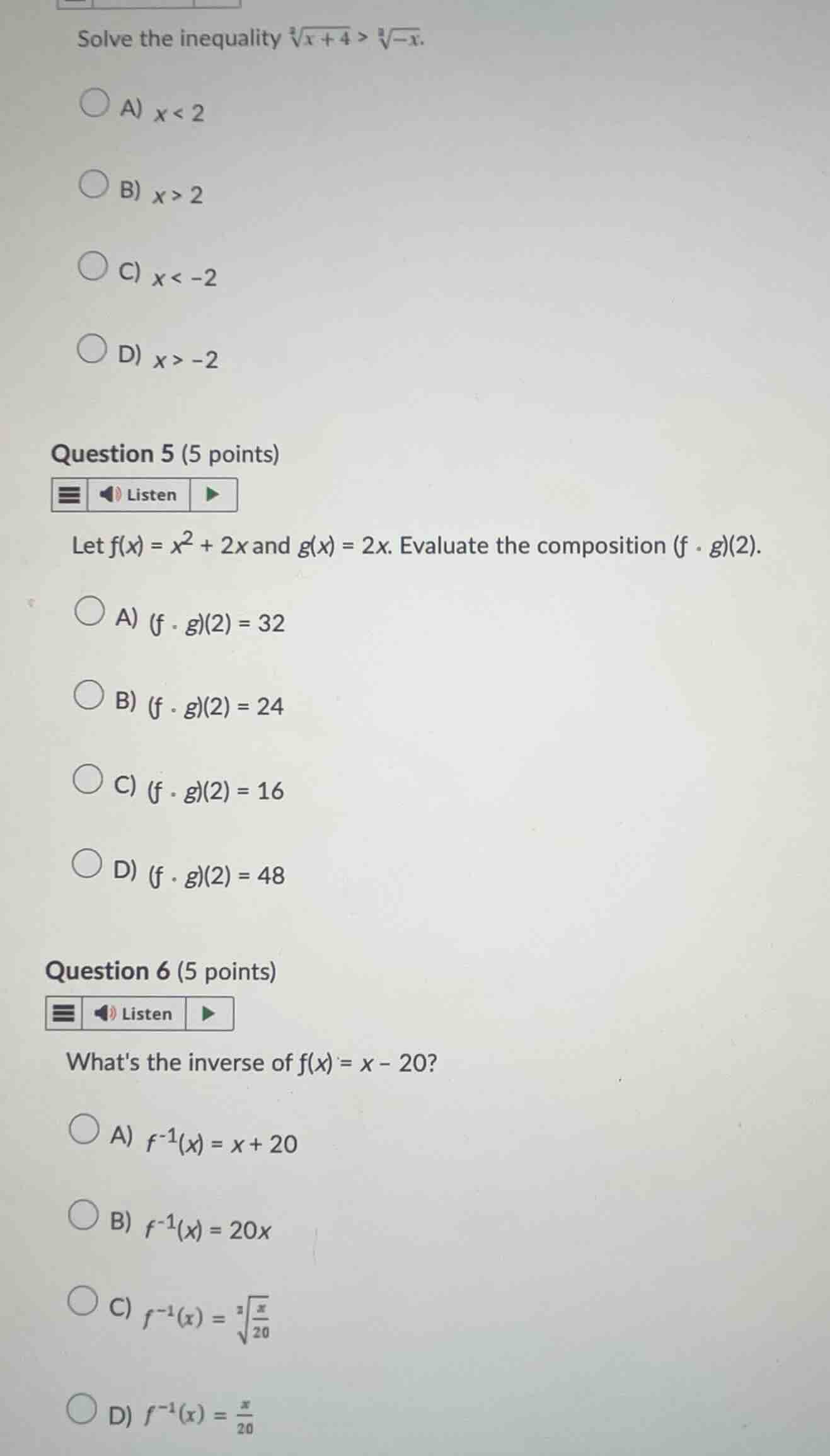 solve the inequality \\(\\sqrt3{x+4} > \\sqrt3{-x}\\). a) \\(x < 2\\) b…