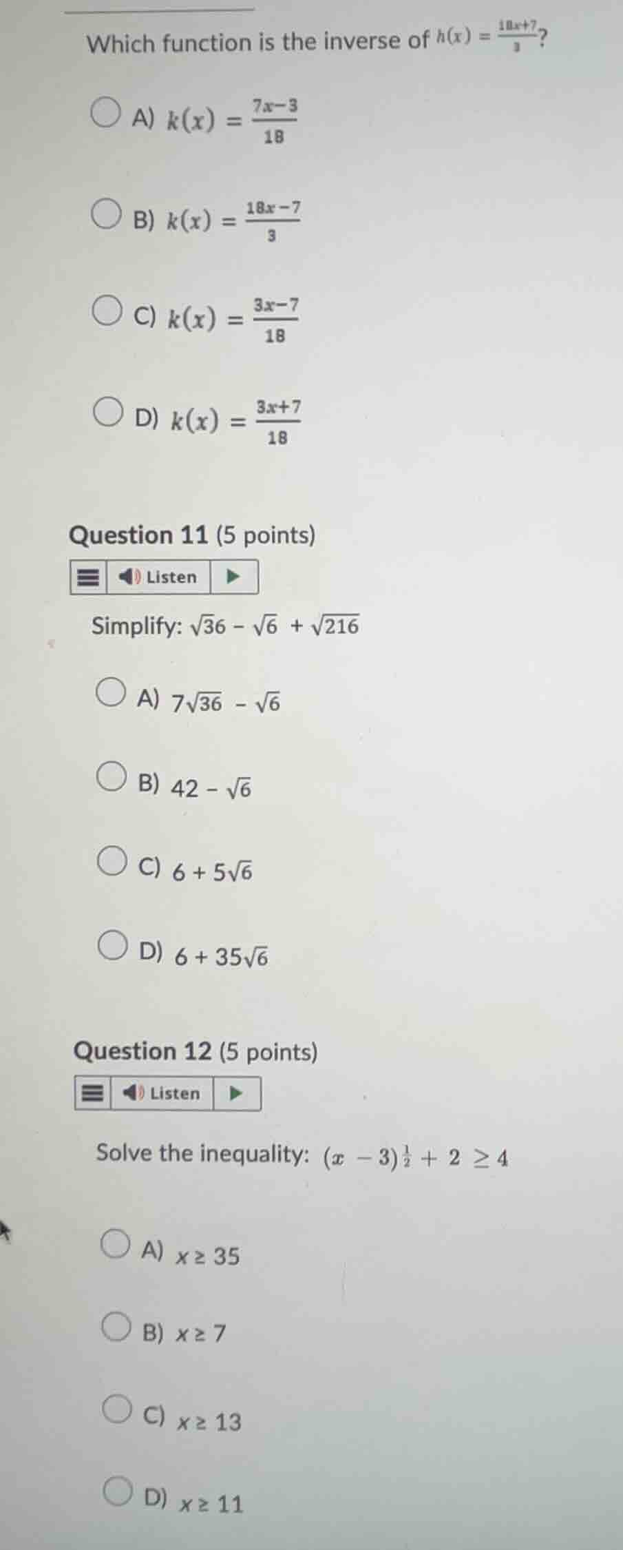which function is the inverse of (h(x) = \frac{18x+7}{3})? a) (k(x) = \…
