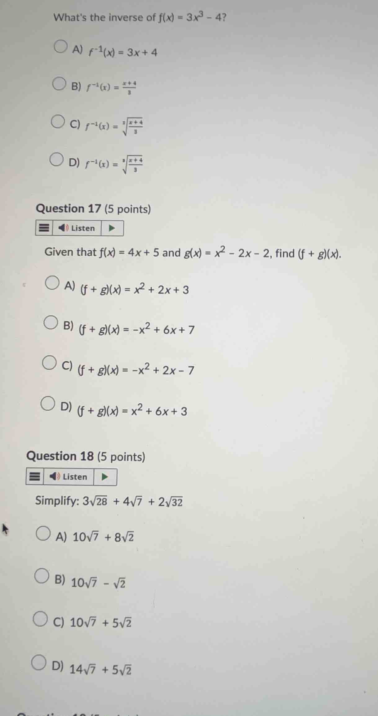 whats the inverse of (f(x) = 3x^3 - 4)? a) (f^{-1}(x) = 3x + 4) b) (f^{…