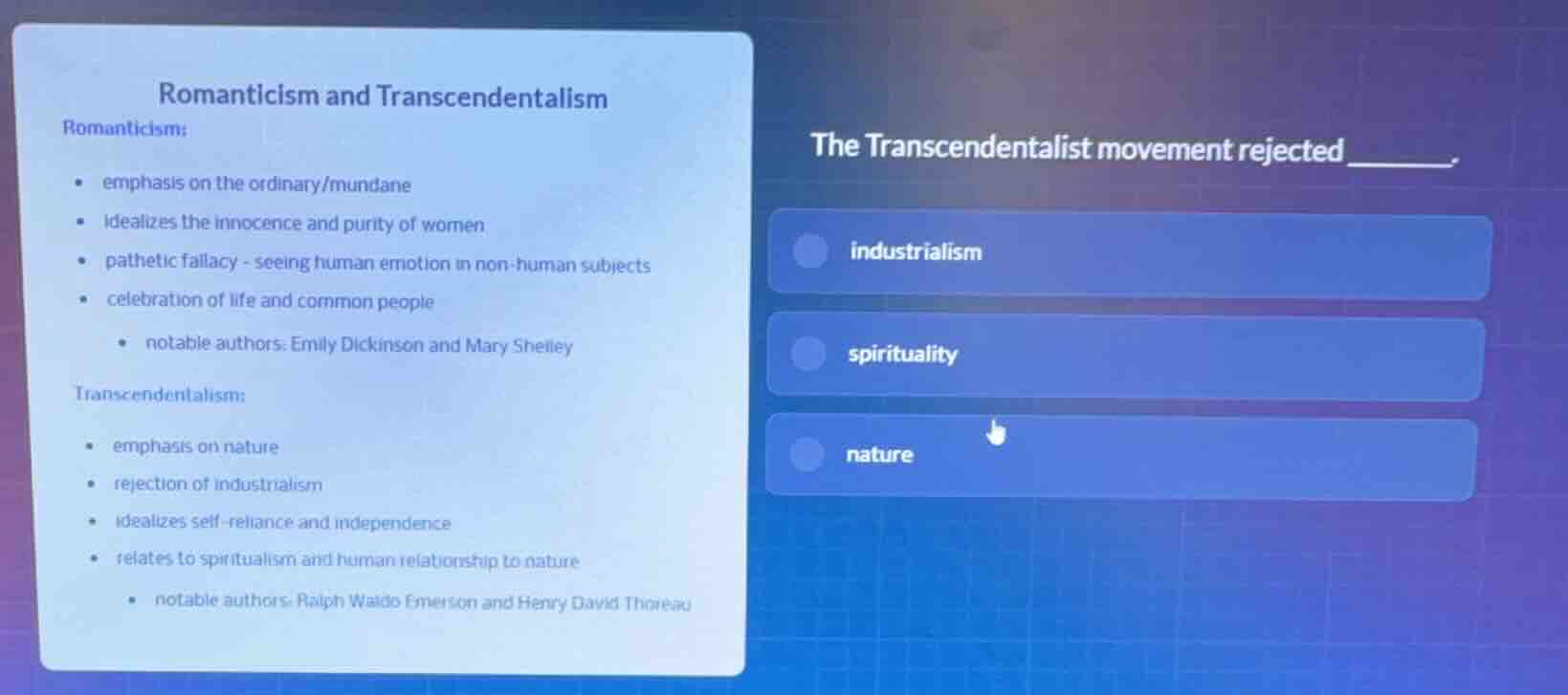 romanticism and transcendentalism romanticism: * emphasis on the ordina…