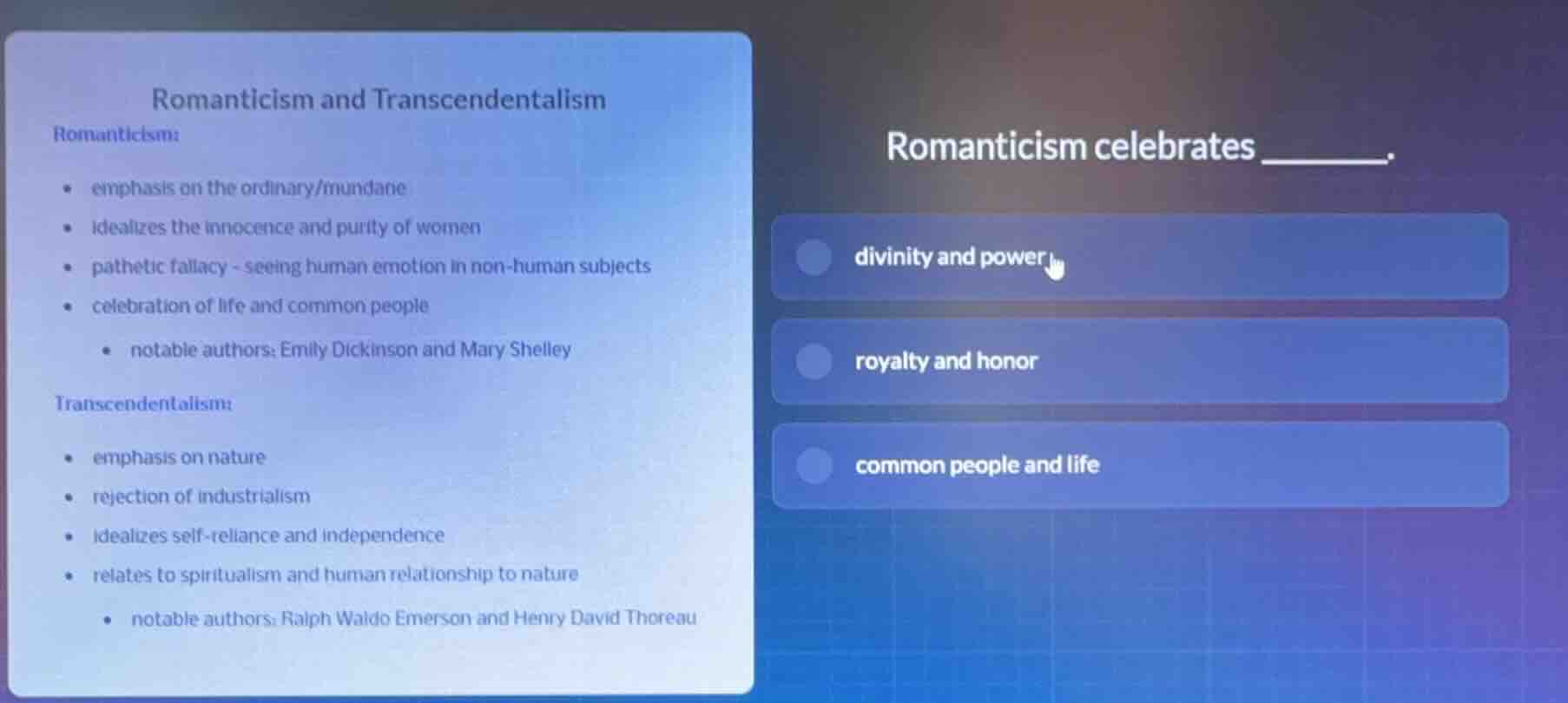 romanticism and transcendentalism romanticism: - emphasis on the ordina…