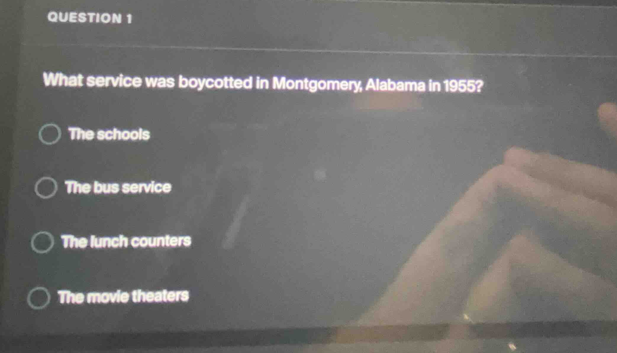 question 1 what service was boycotted in montgomery, alabama in 1955? t…