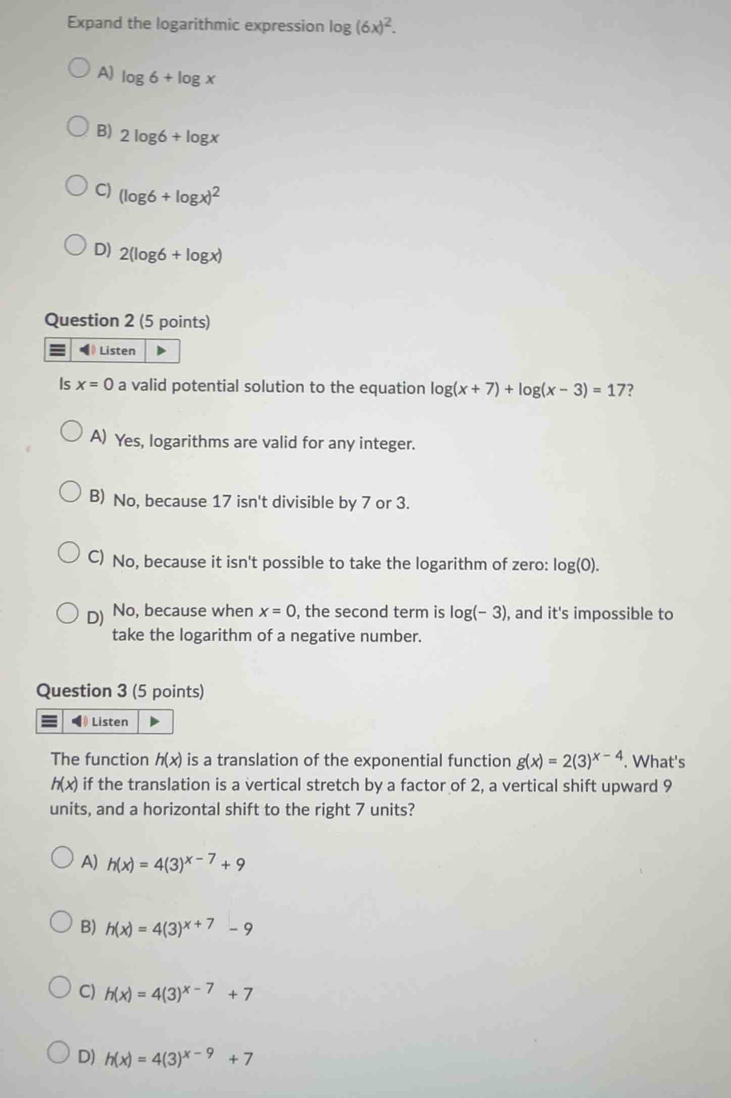 expand the logarithmic expression \\(\\log (6x)^2\\). a) \\(\\log 6 + \…