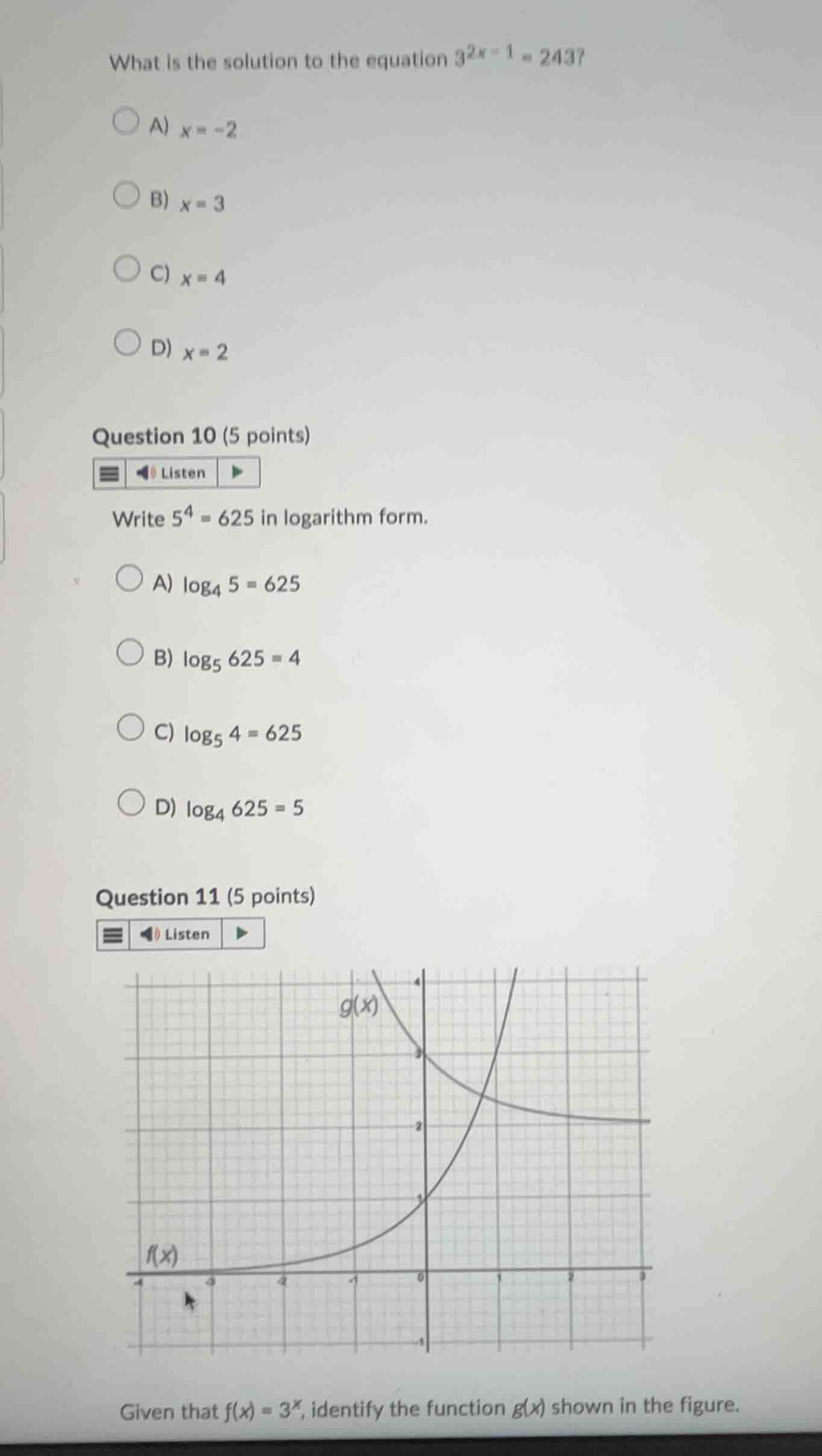 what is the solution to the equation (3^{2x - 1} = 243)? a) (x = -2) b)…