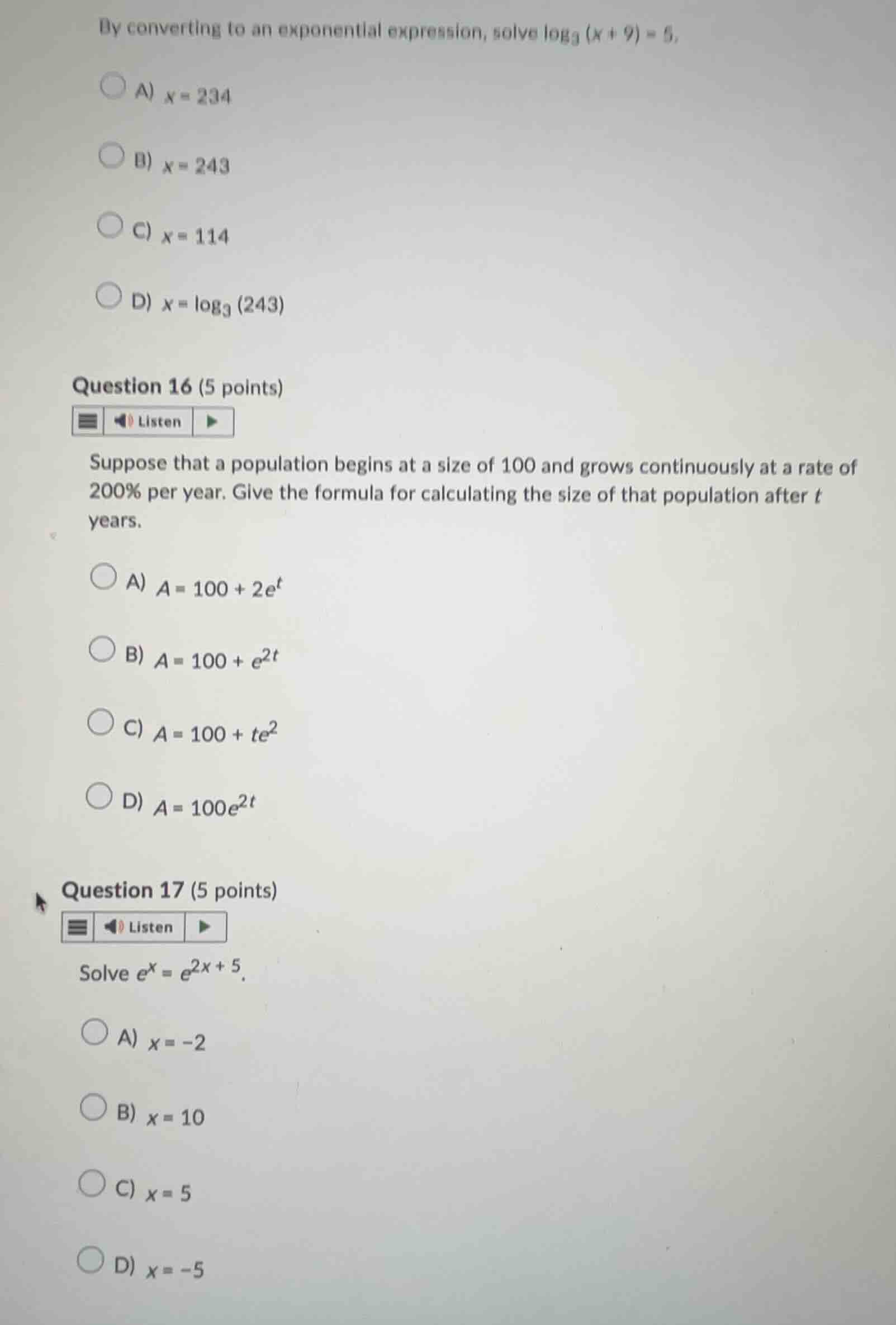 by converting to an exponential expression, solve \\(\\log_3(x + 9) = 5…