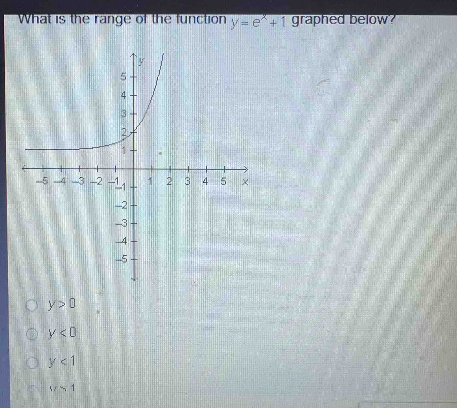 what is the range of the function \\(y = e^x + 1\\) graphed below? \\(y…